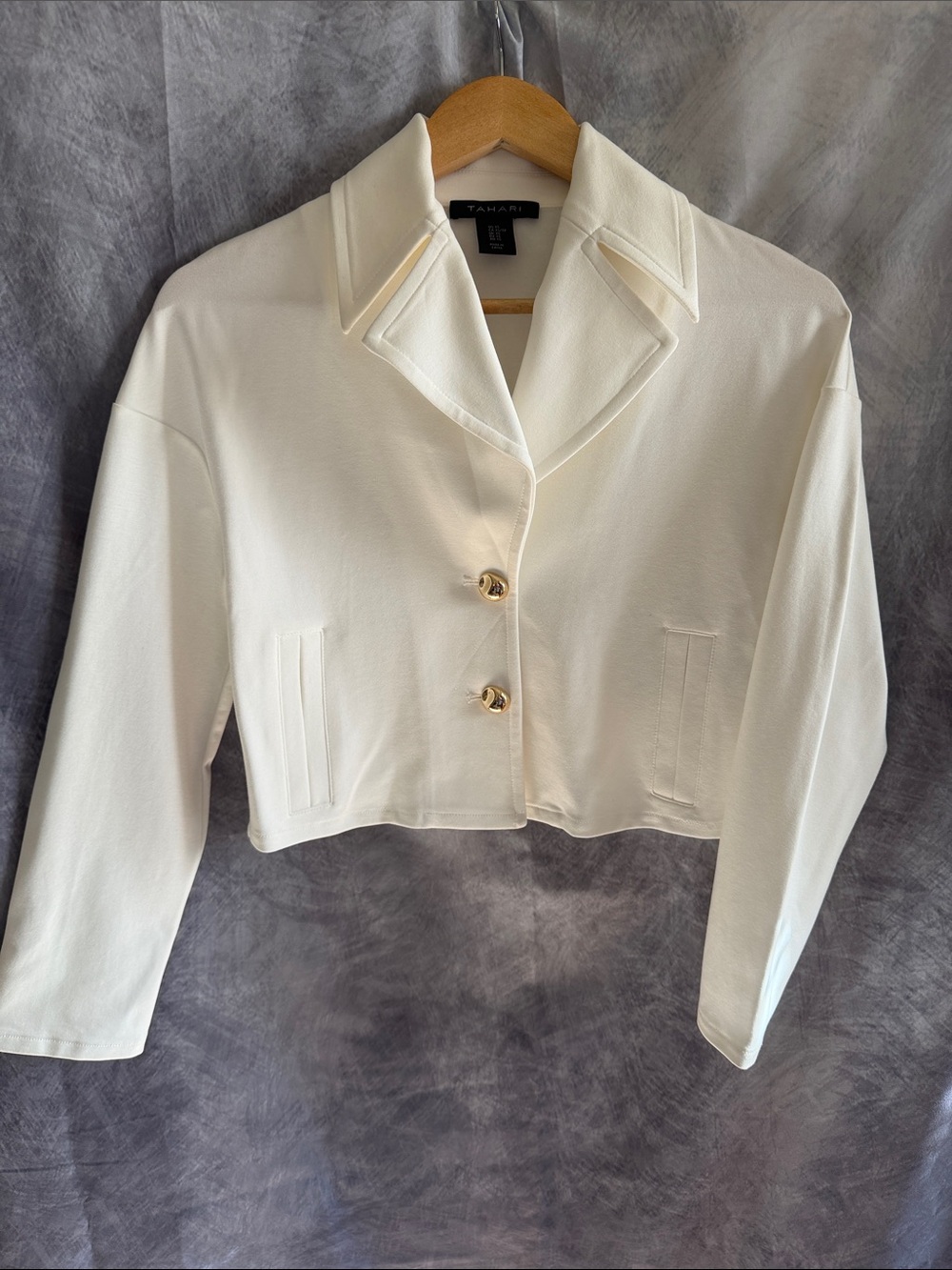 Tahari Ivory Cropped Blazer with Gold-Tone Buttons